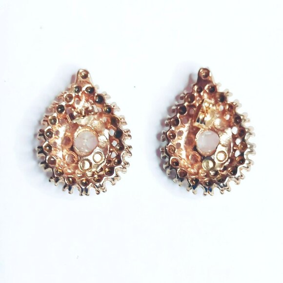 Vintage Rose Quartz Pink Cabochon Teardrop Earrings With Rhinestones - Picture 3 of 5